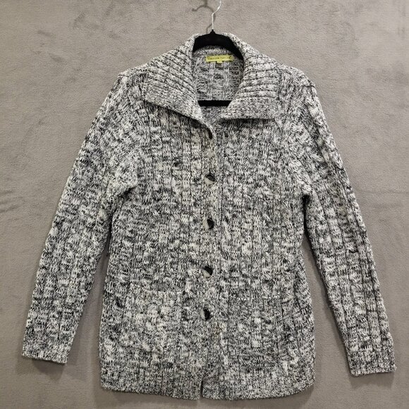 Carolyn‎ Taylor Cardigan Sweater Women Size Large Black White Button Front Warm - Picture 1 of 7